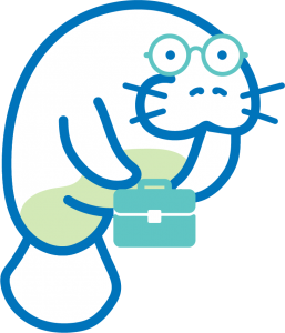 manny the manatee mascot holding a briefcase wearing glasses